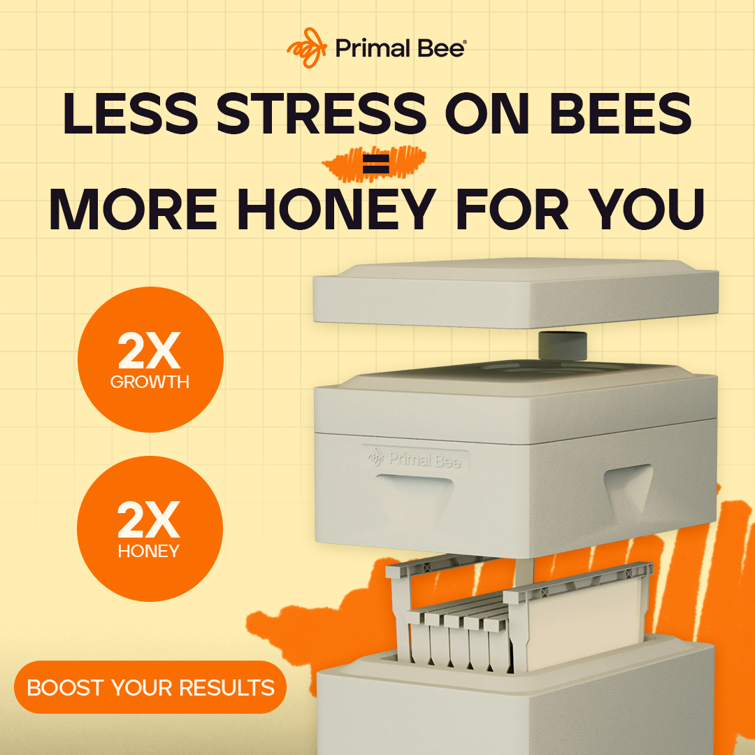Primal Bee hive on orange with two X growth and two X honey badges, under the headline Less stress on bees equals more honey for you.