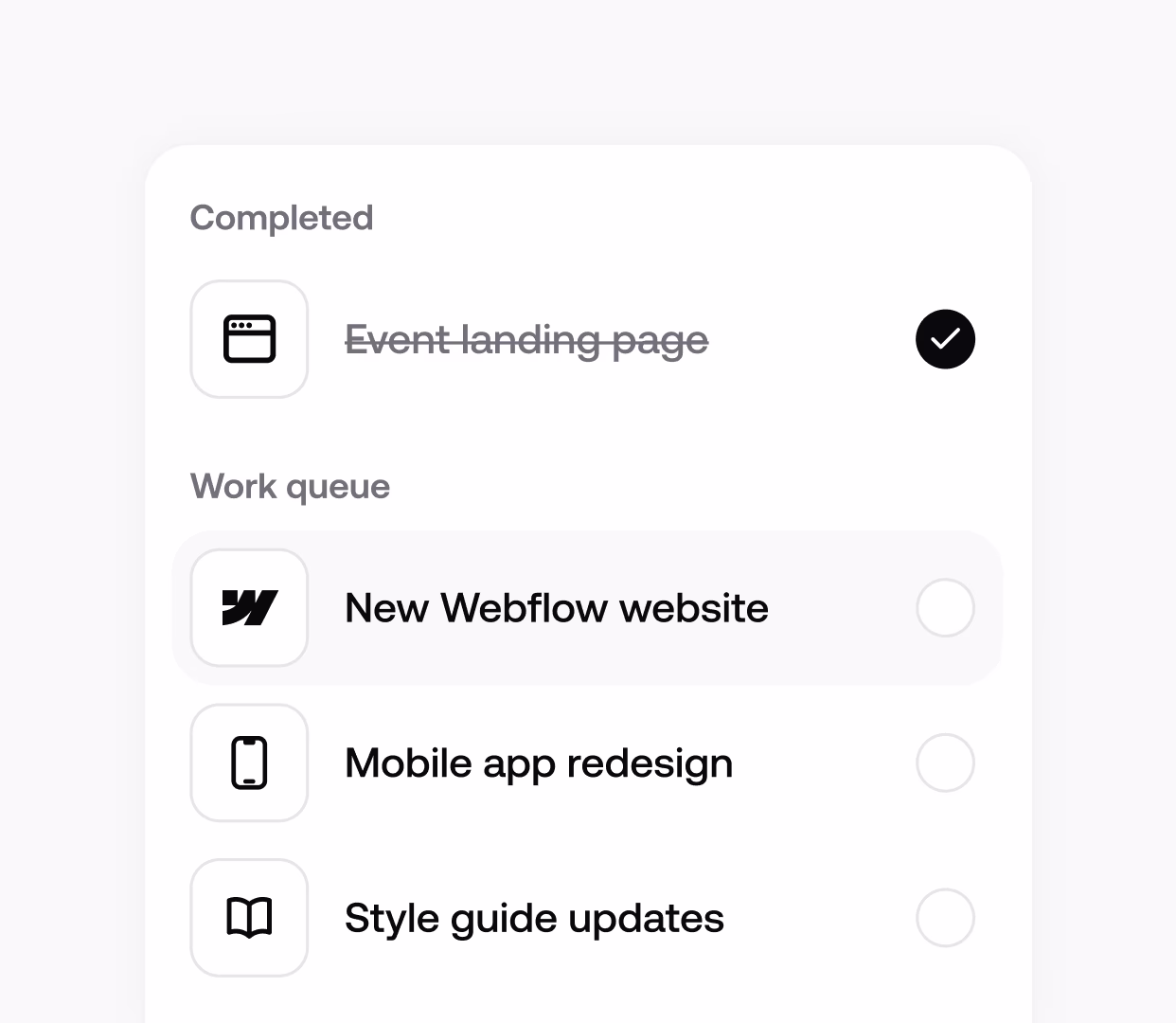 Task list with a completed item 'Event landing page' crossed out and checked, and three pending tasks: New Webflow website, Mobile app redesign, and Style guide updates with selection circles.