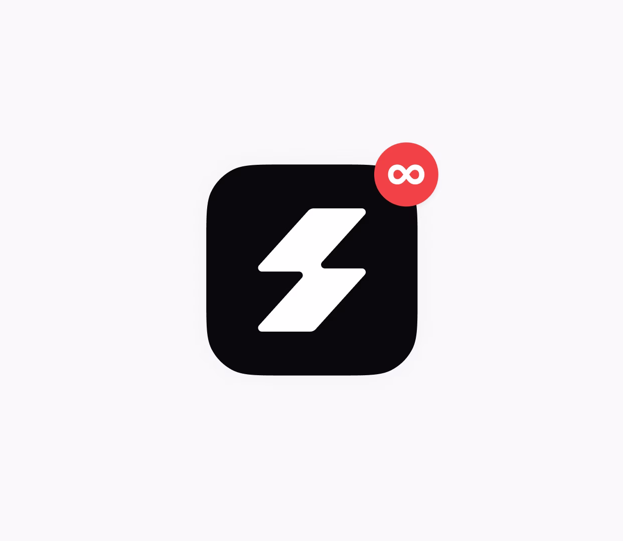Black app icon with white lightning bolt and a red badge showing an infinity symbol.