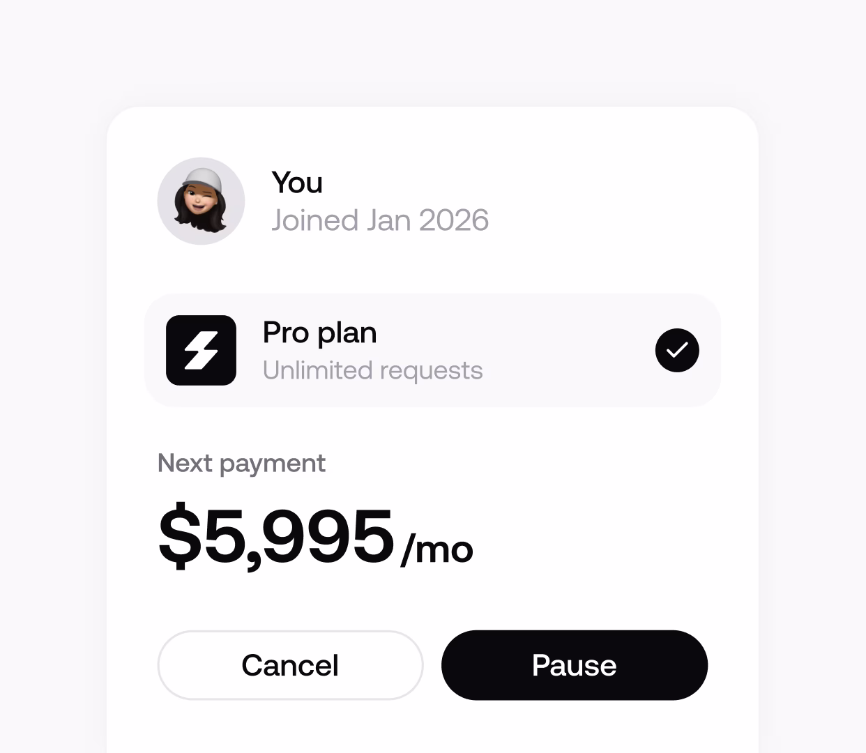 Subscription details showing user on Pro plan with unlimited requests, next payment $5,995 per month, and options to cancel or pause.