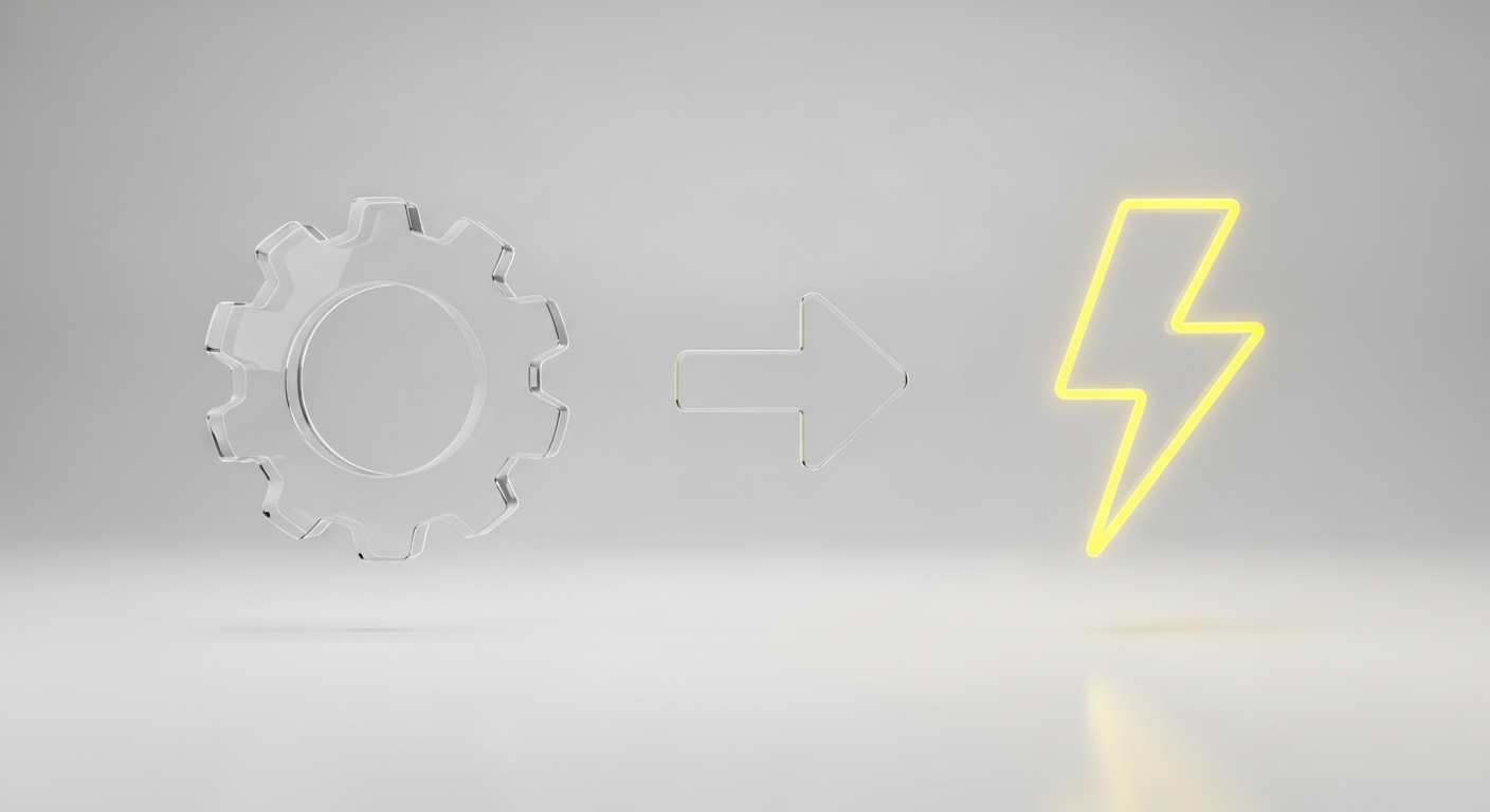 Un engrane transparente con una flecha apuntada hacia el lado derecho y a un rayo amarillo, haciendo referencia a una automatización