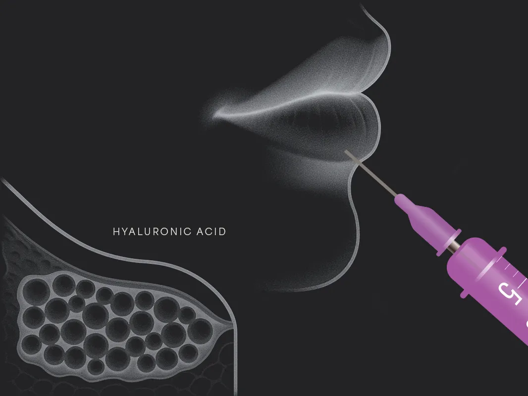 Illustration of lips being injected with hyaluronic acid lip filler. 