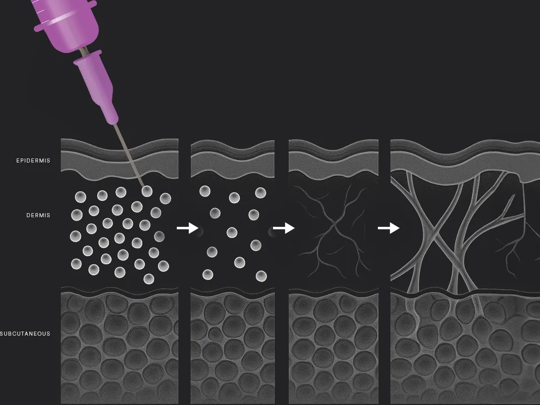 Illustration showing the layers of the skin being injected with Sculptra filler and how the body naturally metabolizes it over time.