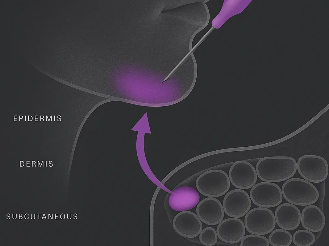 Illustration showing a Kybella injection in the chin area with a labeled diagram of the underlying skin layers affected by the treatment.