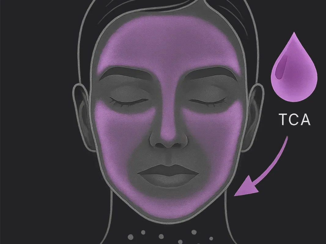 Illustration of a woman with TCA chemical peel treatment applied evenly around her face. 