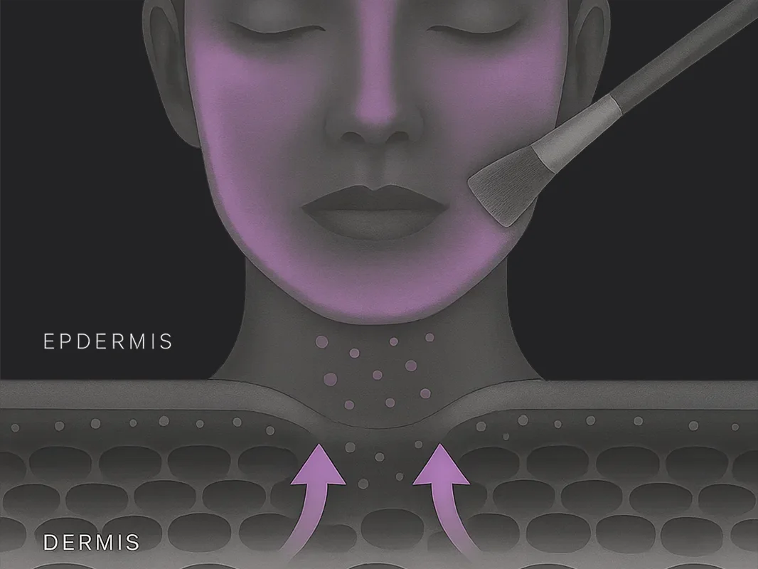 Illustration of a woman with a custom peel treatment applied evenly around her face.