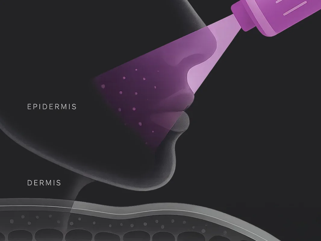 Illustration showing IPL treatment being applied to the face, with a labeled diagram of the skin layers affected.