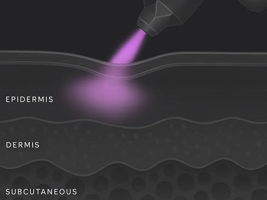Illustration of a DiamondGlow tool treating layers of skin that are labeled. 