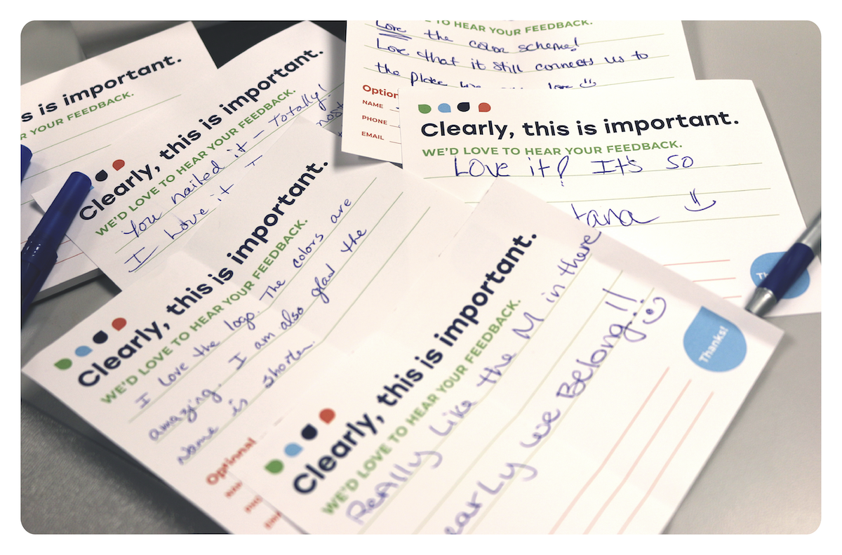Comment cards from Clearwater Credit Union members expressing their love of the new name and brand