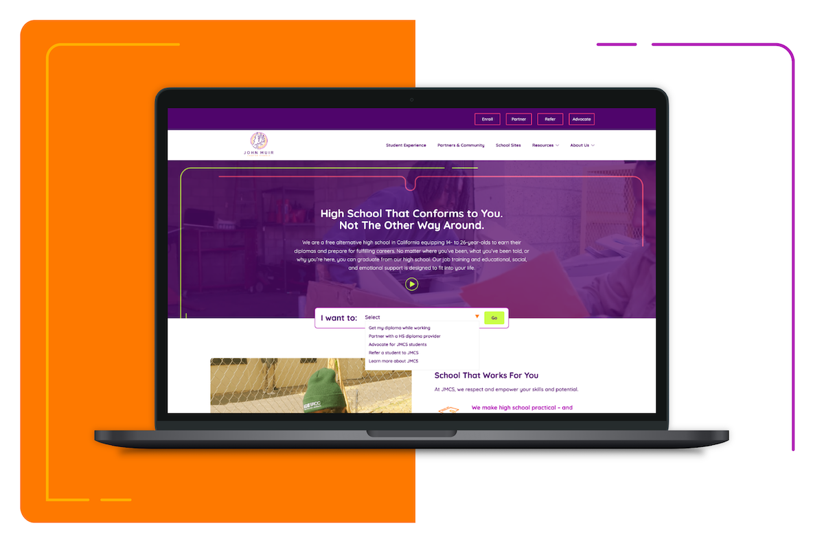 John Muir Charter Schools home page with "I want to" dropdown to help distinct audiences navigate to the content that matters most to them