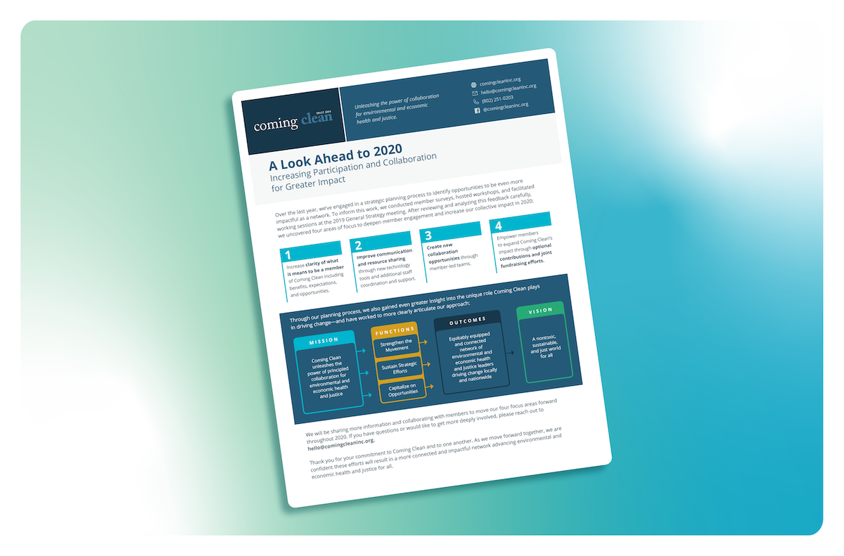 Coming Clean's theory of change and strategic plan distilled into a professionally designed one pager