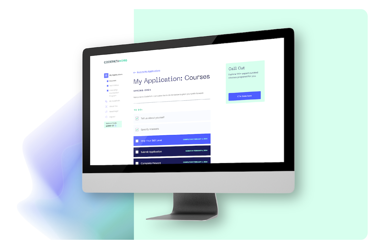 Dashboard for CodePath's new Application Portal streamlining previously separate application processes into consistent and clear steps.