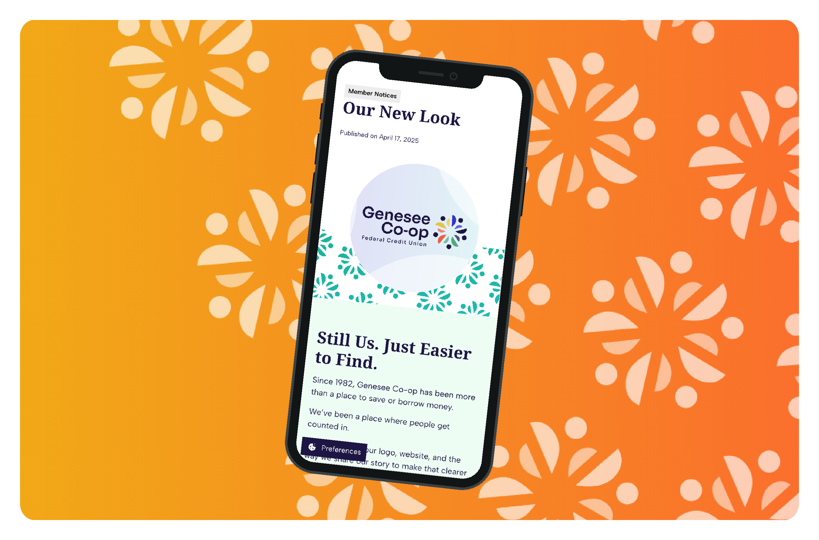 A mobile devide shows the website of Genesee Co-op Federal Credit Union, a brand client of social impact consultant Friday.