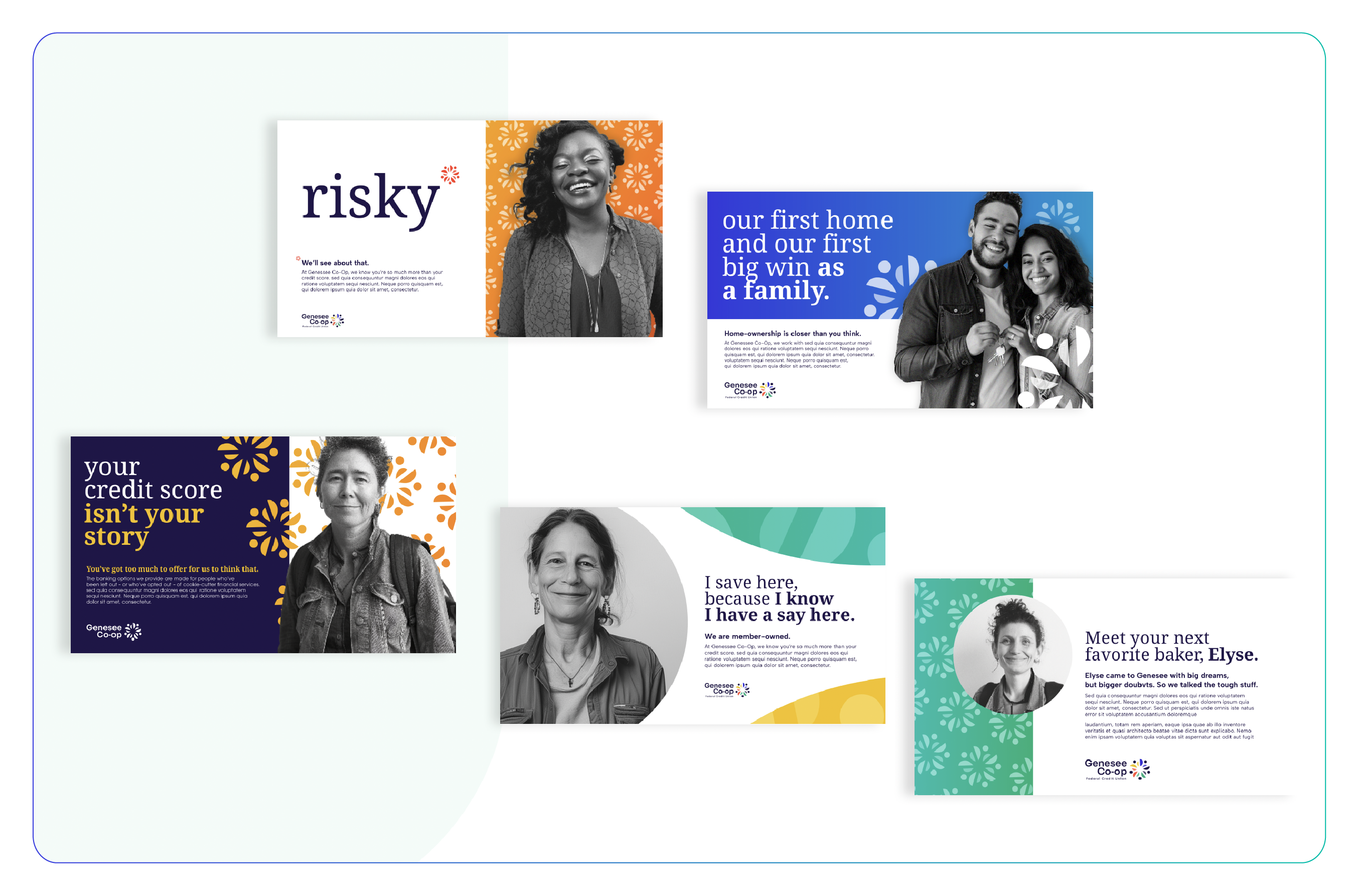 A collection of marketing collateral for Genesee Co-op Federal Credit Union, a brand client of social impact consultant Friday.