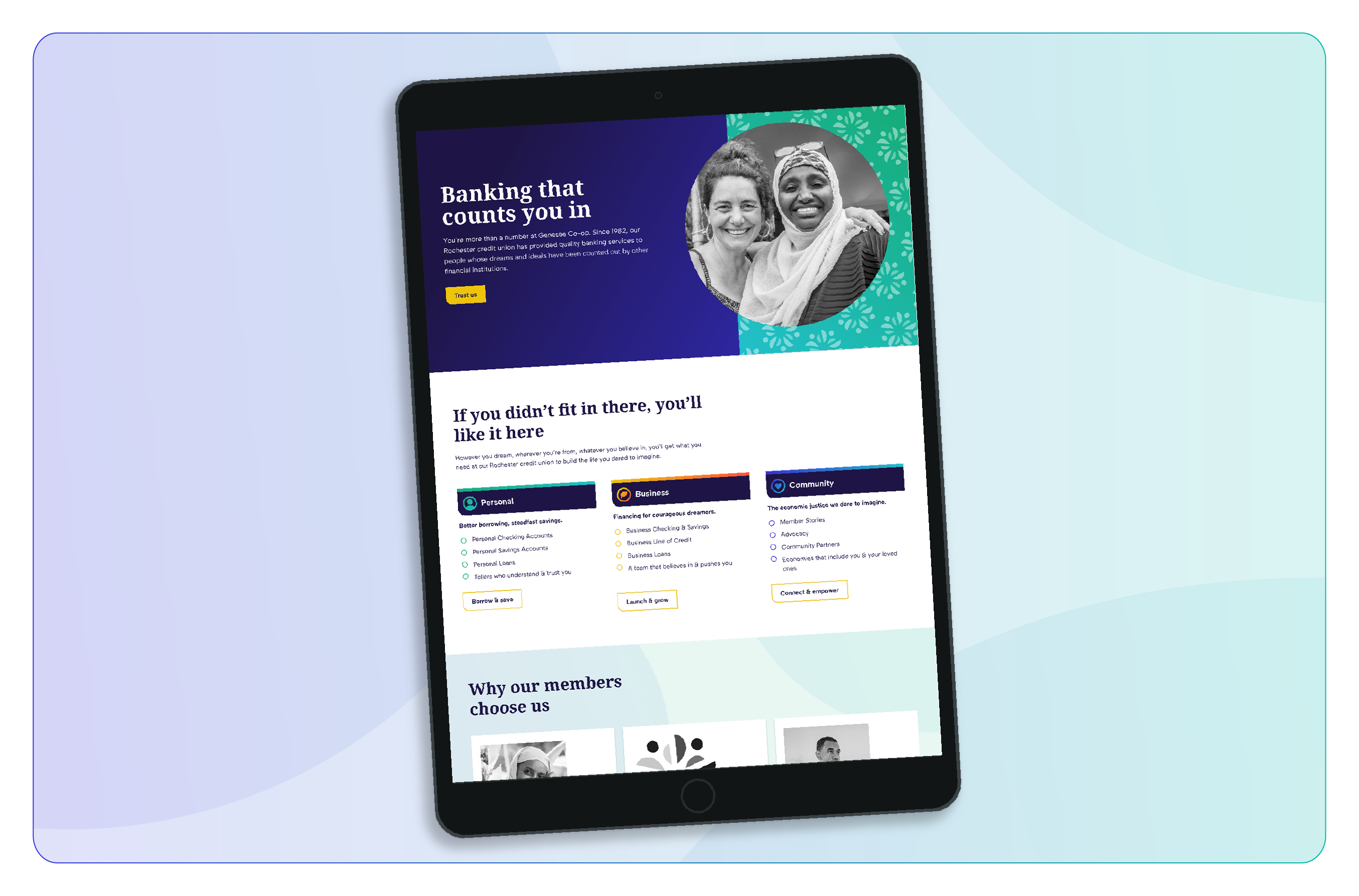 A tablet shows the website of Genesee Co-op Federal Credit Union, a brand client of social impact consultant Friday.
