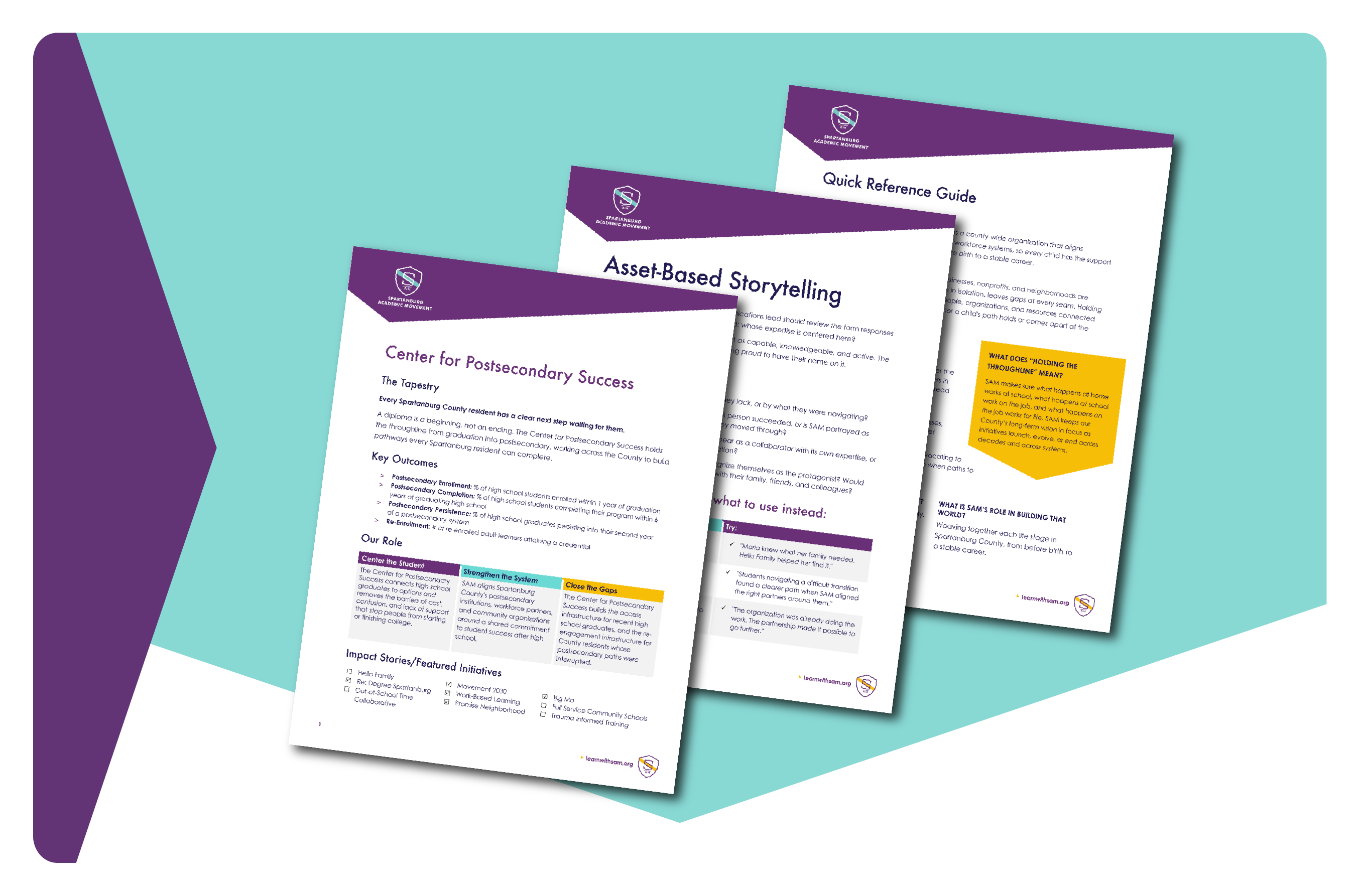 A collection of marketing collateral for Spartanburg Academic Movement, a brand client of social impact consultant Friday.