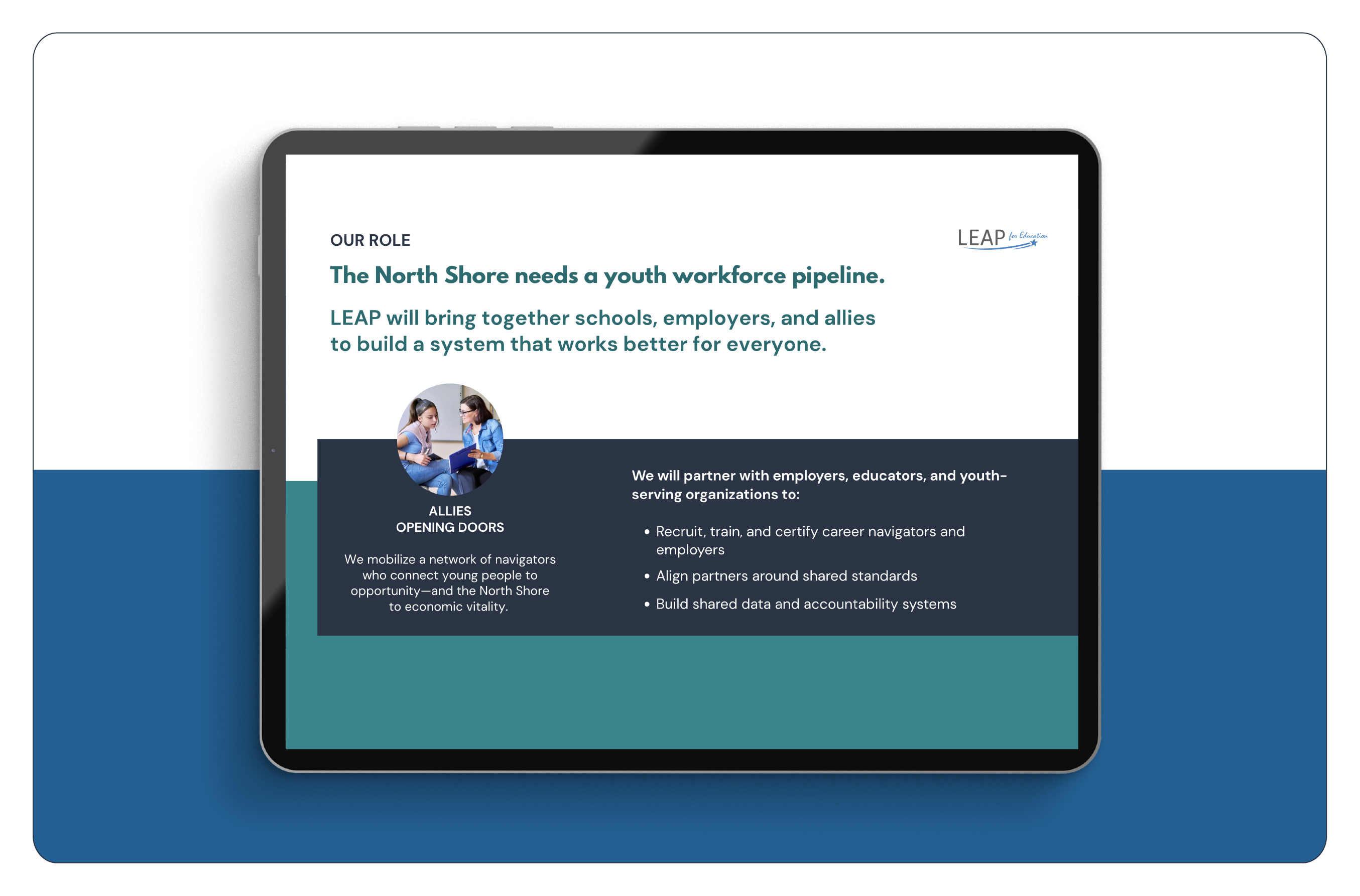 A tablet with text defining LEAP for Education's role: LEAP will bring together schools, employers, and allies to build a system that works better for everyone.