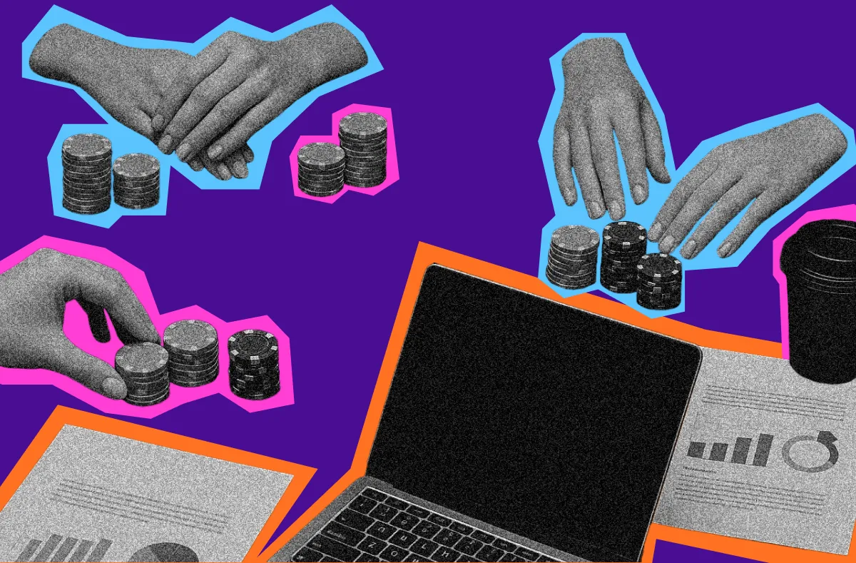 Founder pitching investors in a high-stakes funding round, using poker strategy to read investor tells and close deals