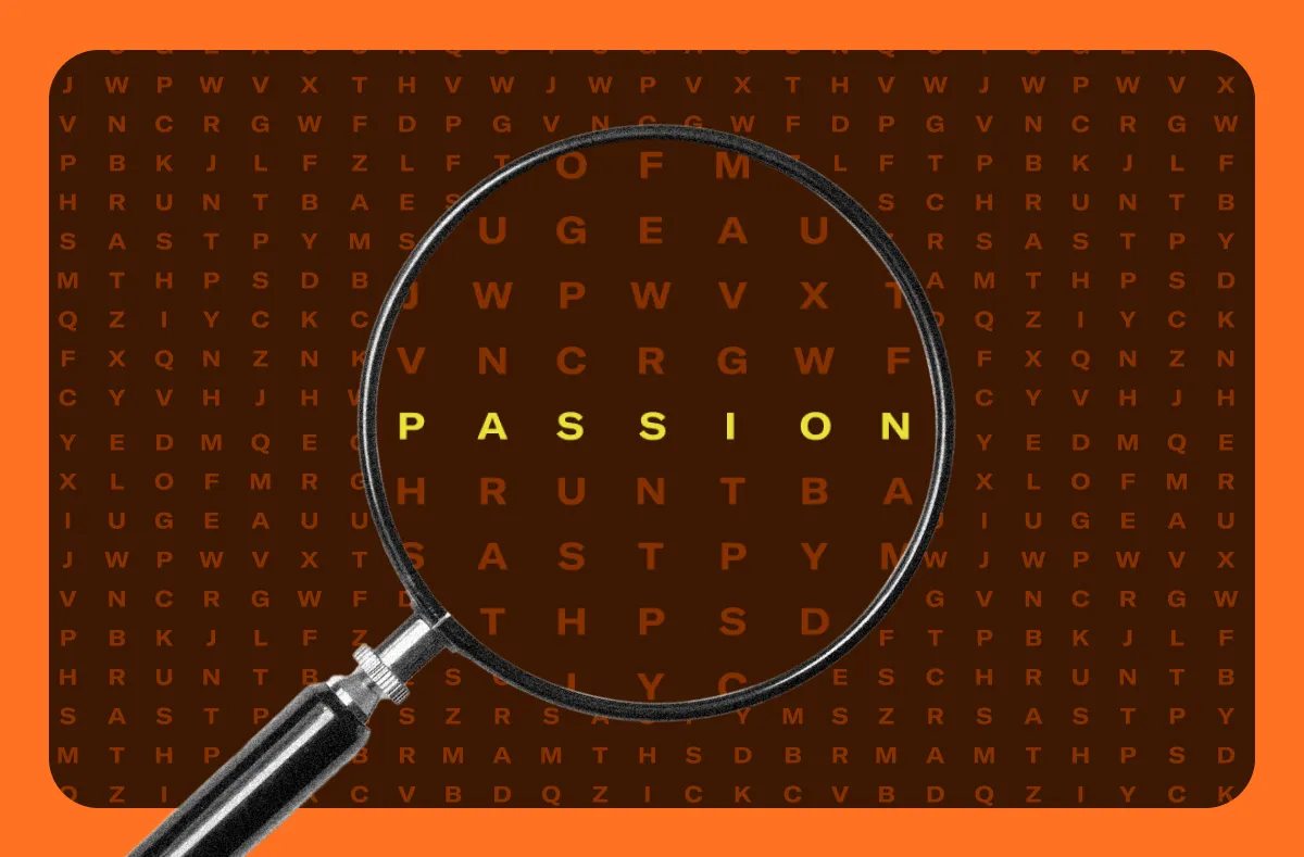 Woman in a word-search maze finding her purpose — using reflection and strategic thinking to discover her path