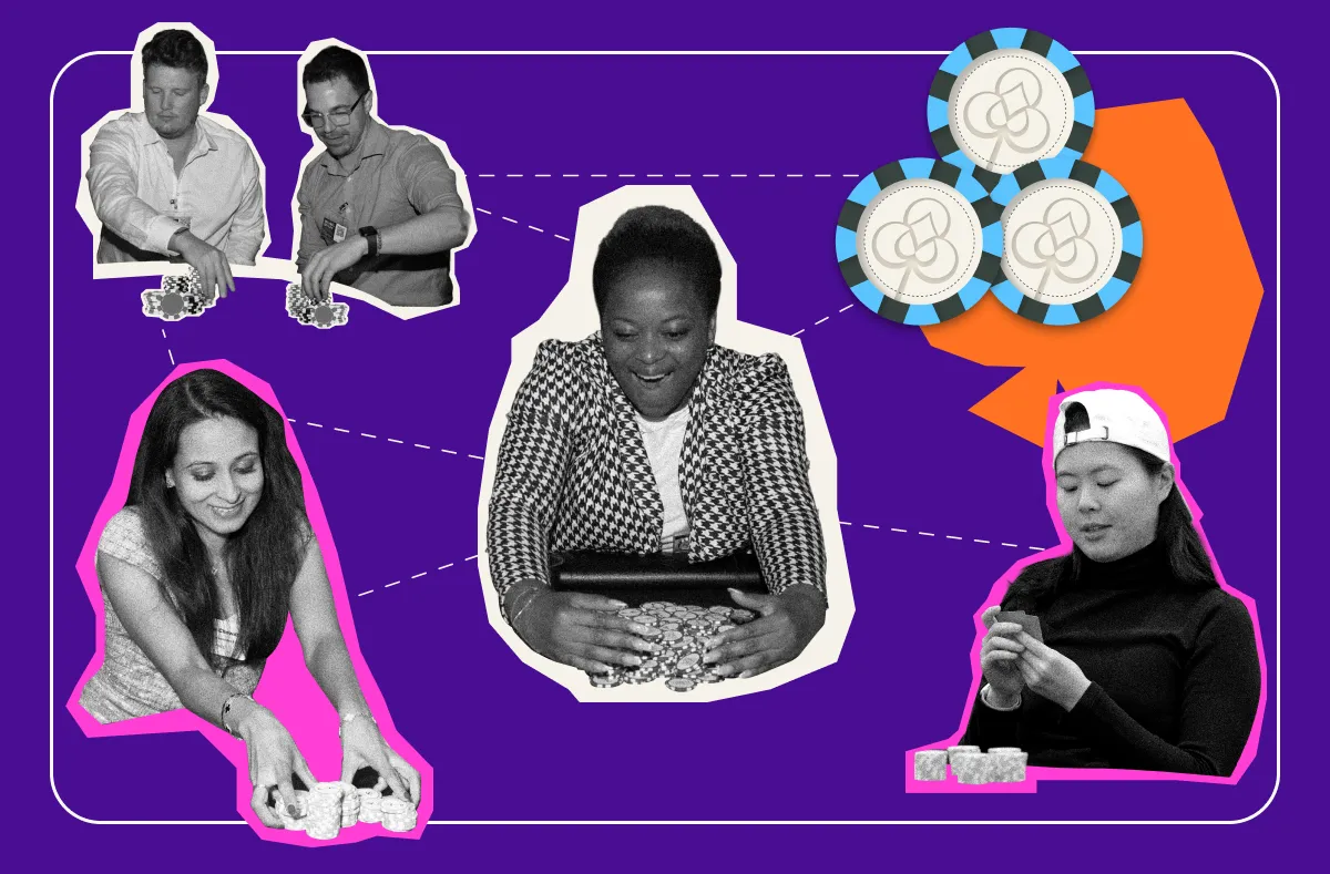 Women networking at a poker table, applying poker strategy — reading the room, building alliances, folding gracefully
