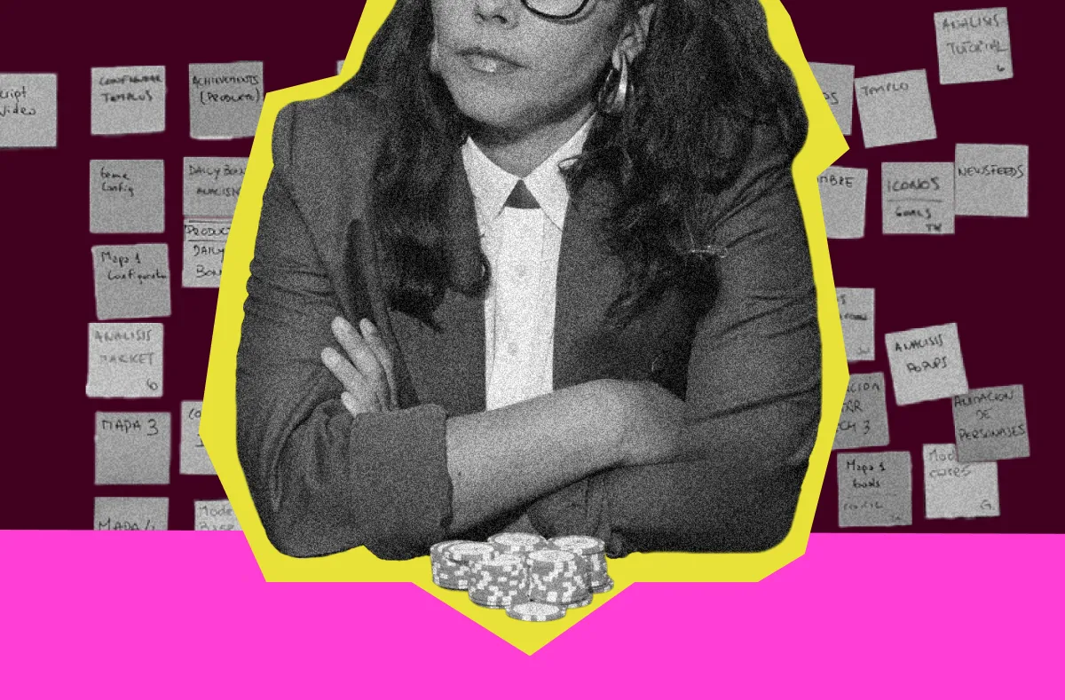 Woman in a boardroom applying poker-honed business acumen — reading the room, betting on vision, staying sharp