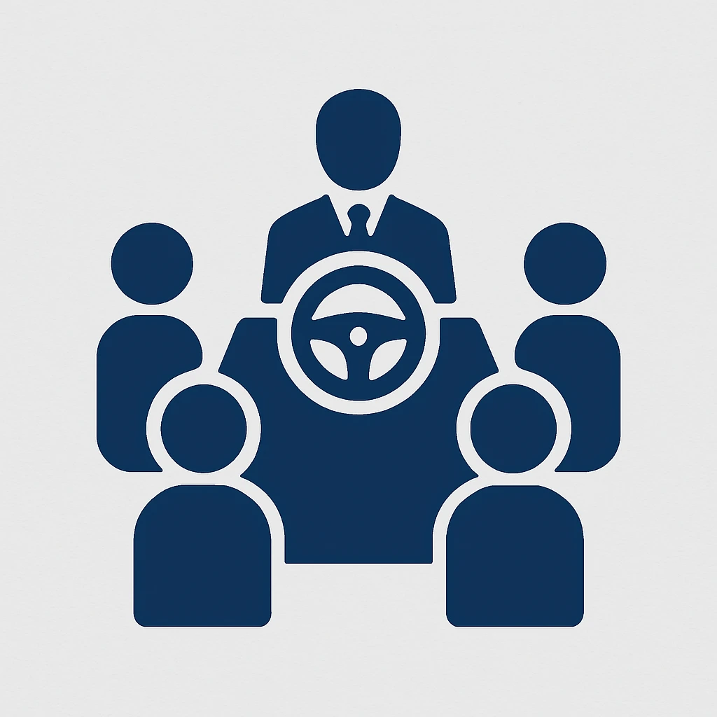 Icon, Filled In, Navy Blue, group of people around a steering wheel, meeting