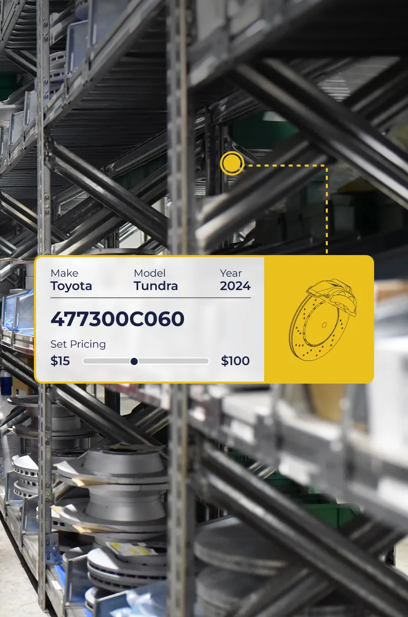 Shelves in a warehouse stocked with automotive parts, featuring an overlay displaying Toyota Tundra 2024 brake rotor part number 477300C060 with pricing from $15 to $100.