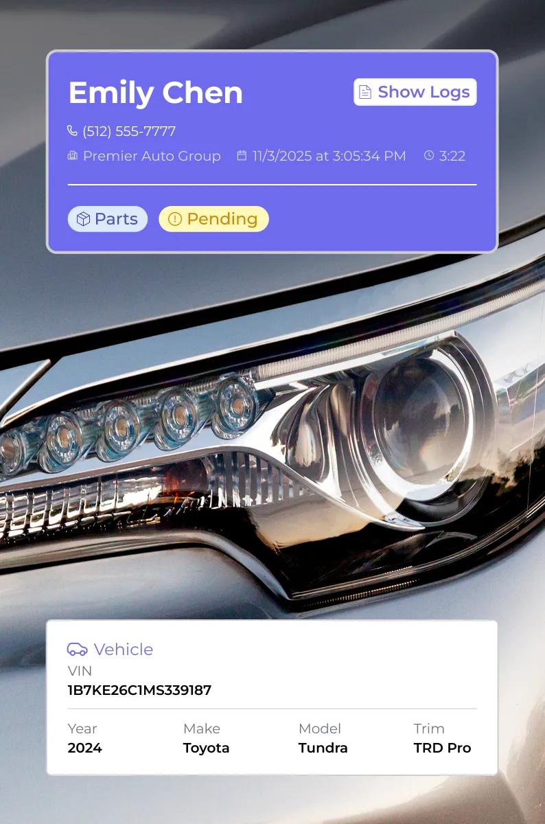 Close-up of a car headlight with an overlaid service summary showing customer Emily Chen, contact details, service status pending, and vehicle details for a 2024 Toyota Tundra TRD Pro.
