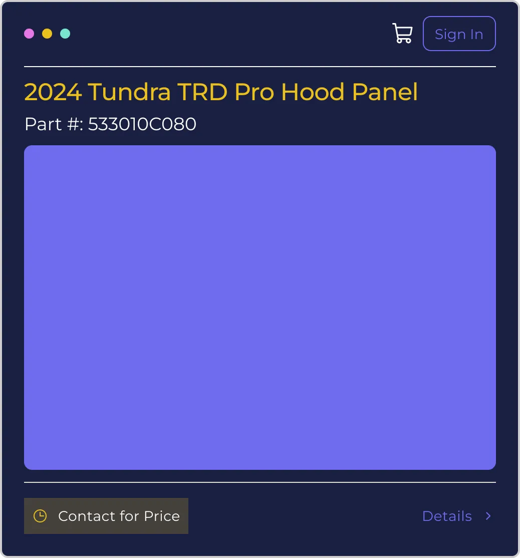Product page showing 2024 Tundra TRD Pro Hood Panel, part number 533010C080, with options to sign in, contact for price, and view details.