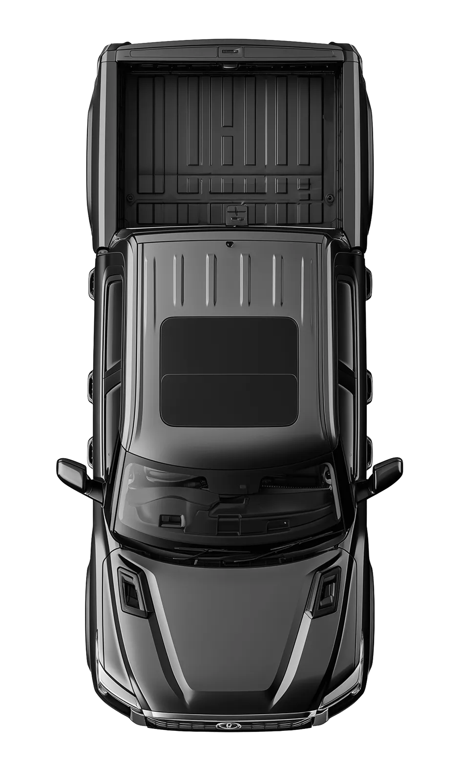 Top-down view of a black pickup truck with an empty cargo bed and tinted windows.