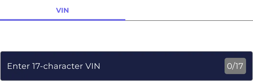 User interface for entering a 17-character Vehicle Identification Number with tabs for VIN and Year/Make/Model.