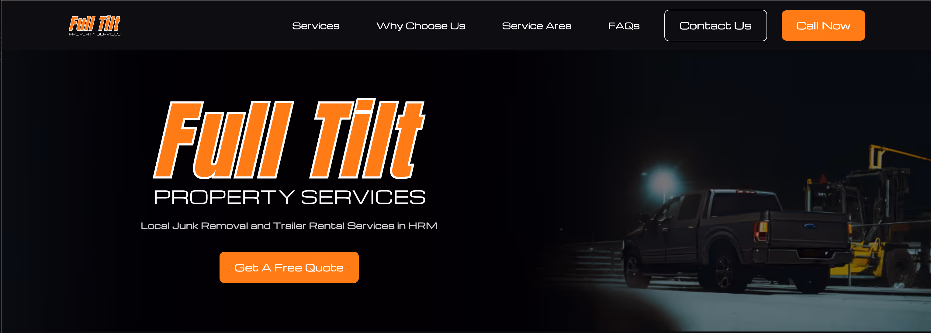 Full Tilt Property Services website header with navigation links and a pickup truck at night.
