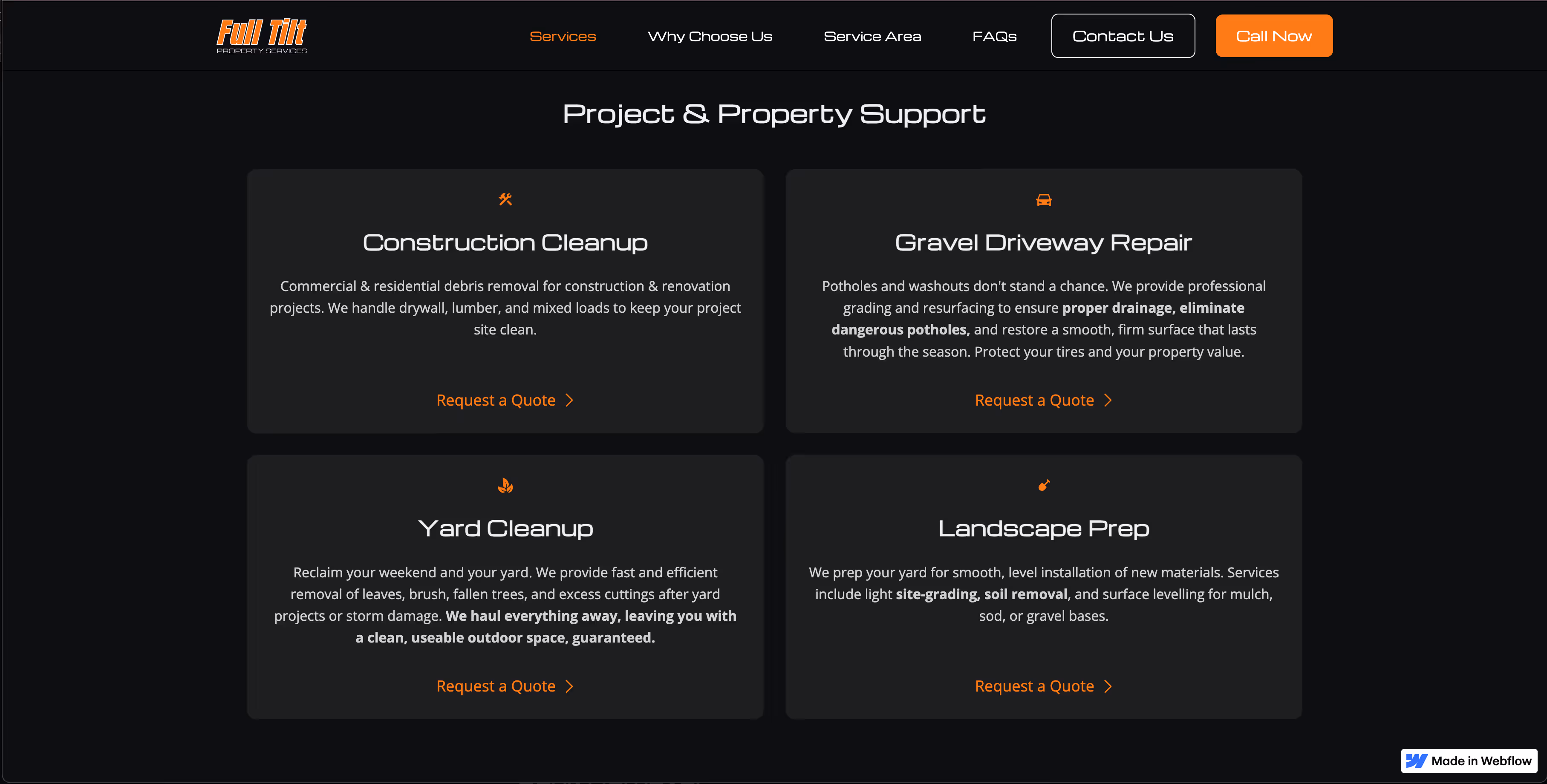 Full Tilt Property Services webpage section showing Project & Property Support with four service cards: Construction Cleanup, Gravel Driveway Repair, Yard Cleanup, and Landscape Prep, each with descriptions and request a quote links.