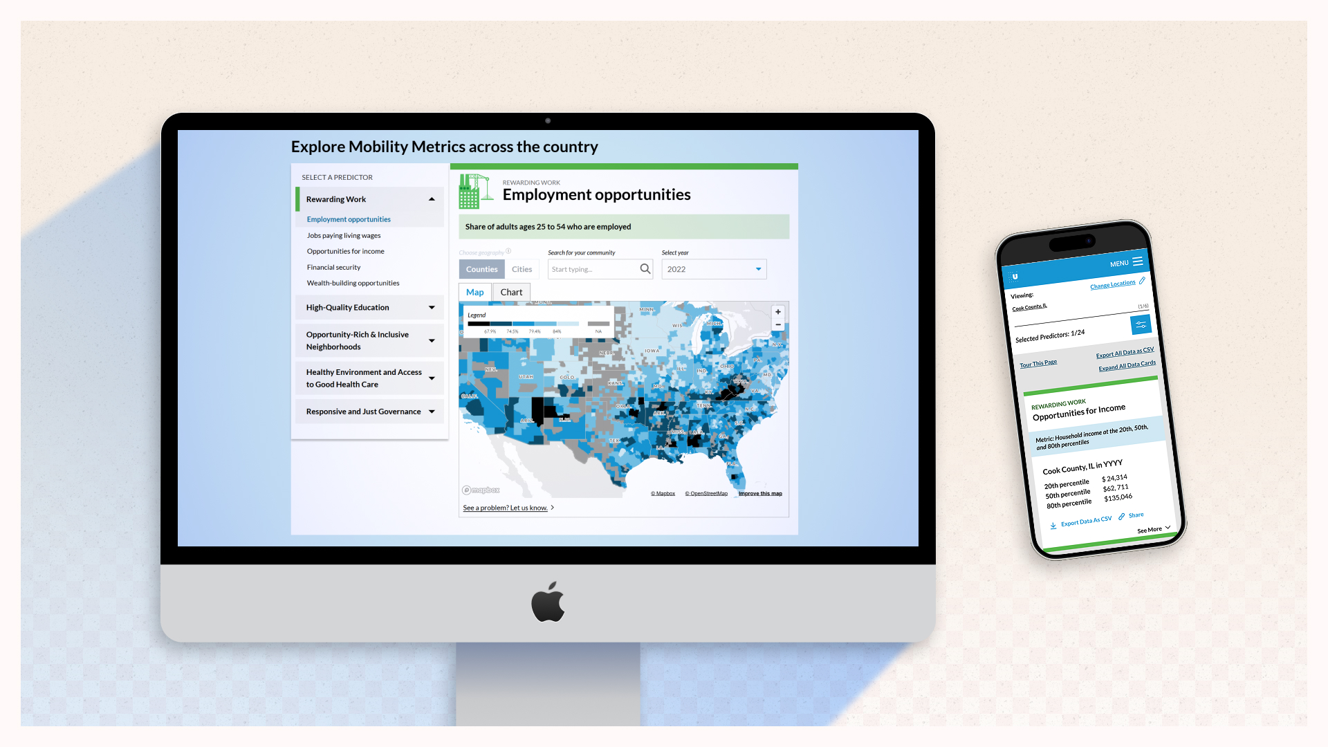 A monitor displays a map based data tool as part of the Data Dashboard tool, and a mobile interface that shows the landing page of the same site.