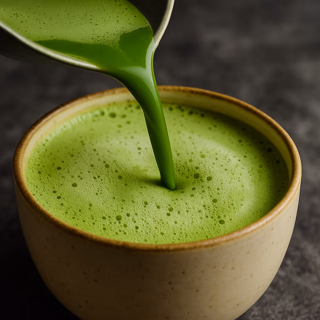 Close up of matcha being poured in a cup