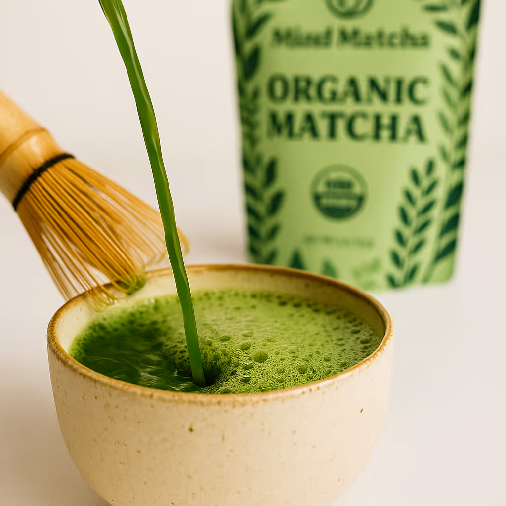 Matcha being poured in a cup, with the bamboo whisk next to it and the matcha package in the back