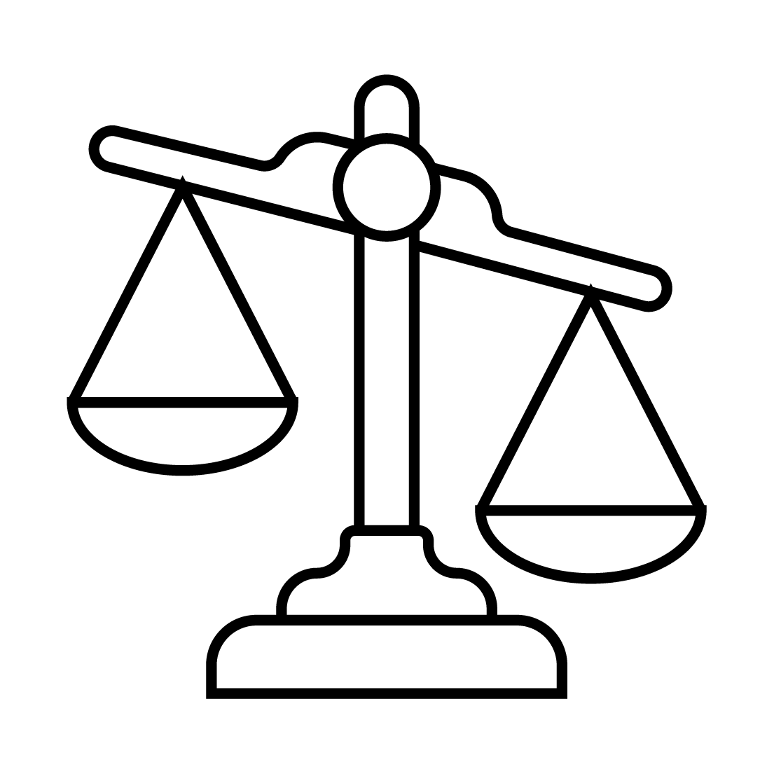 A line drawn icon of a set of unbalanced scales, representing Dr Eugenia O'Kelly's focus on the often unbalanced relationship between risk management and innovation