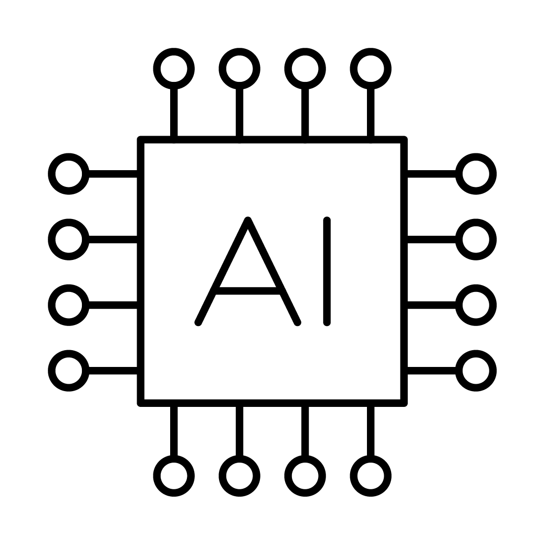 A thin line icon of a computer chip labeled with "AI", representing Dr Eugenia O'Kelly's focus on AI in risk management