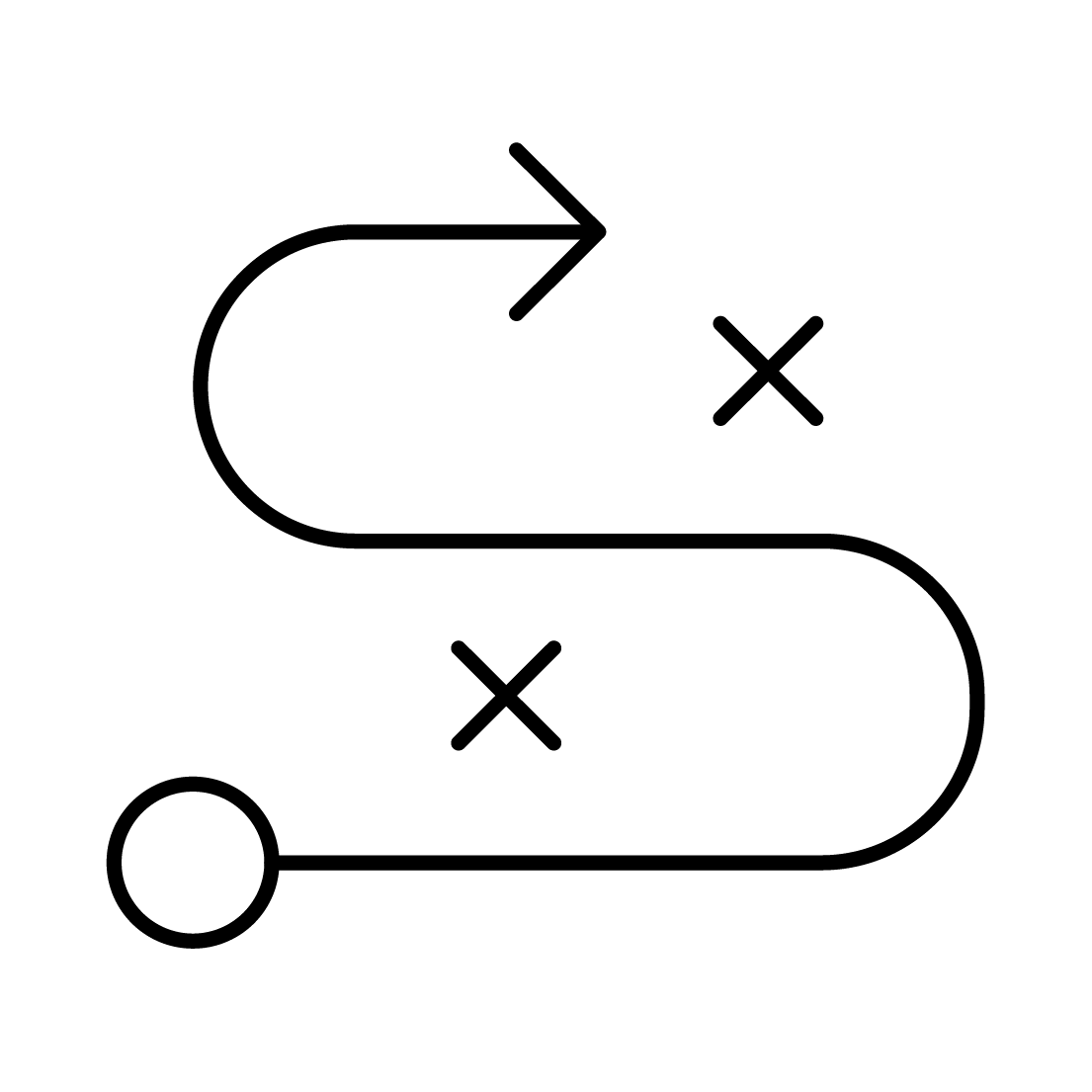 A thin line icon of a line twisting and turning to avoid and recover from obstacles.  This represents Dr Eugenia O'Kelly's specialty in engineering resilient systems.