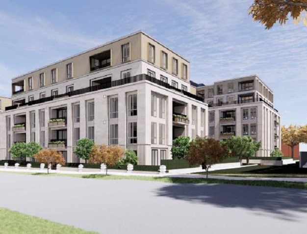 Architectural rendering of The Foundation building showing the multi-level exterior and landscaped surroundings.