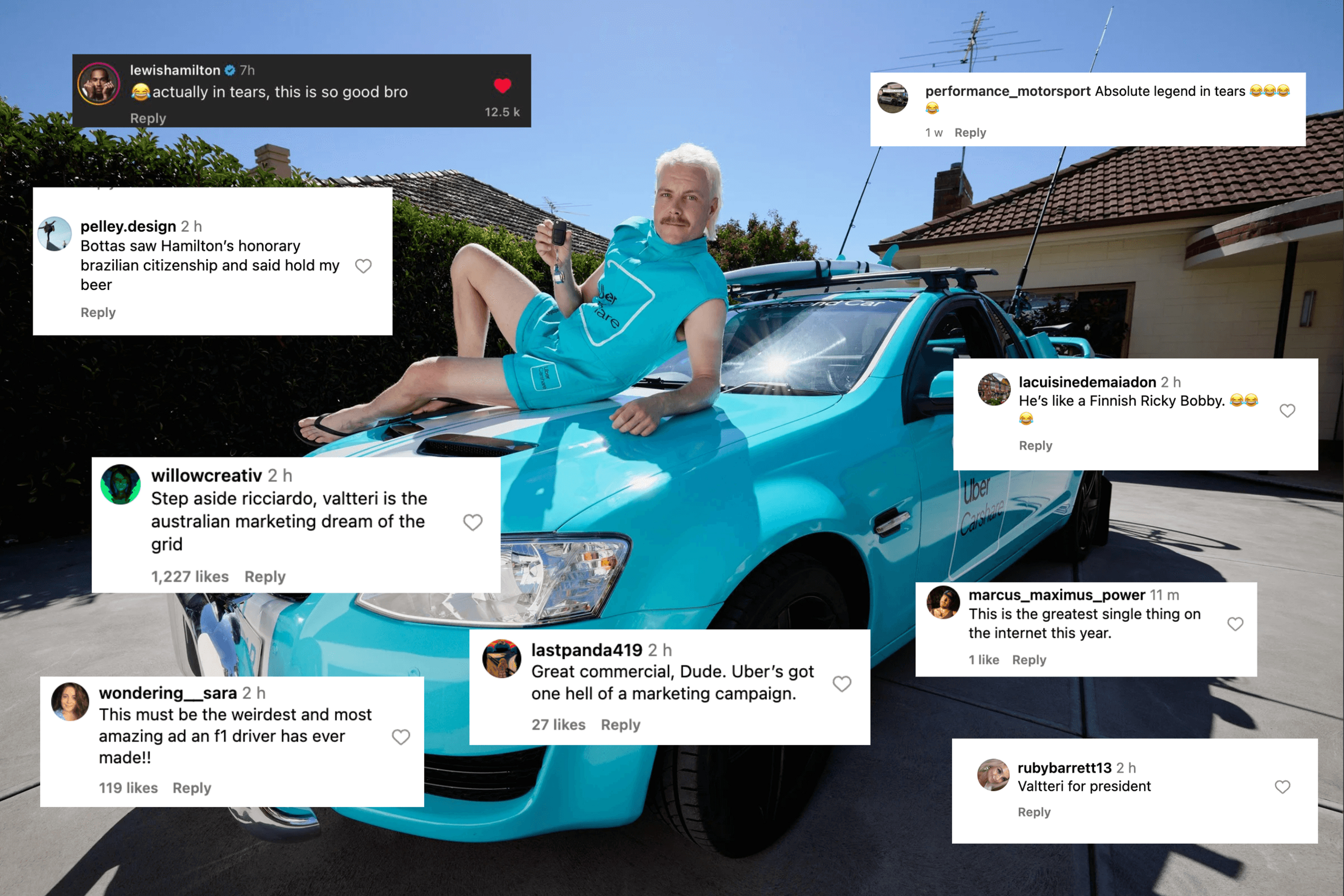 Valtteri Bottas posing confidently on the hood of a turquoise Uber Carshare ute, surrounded by humorous social media comments praising the campaign, including a standout reaction from Lewis Hamilton: ‘Actually in tears, this is so good bro.’
