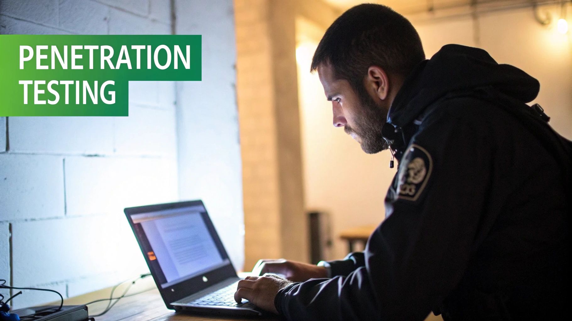 A security professional working on a computer, simulating a cyberattack.