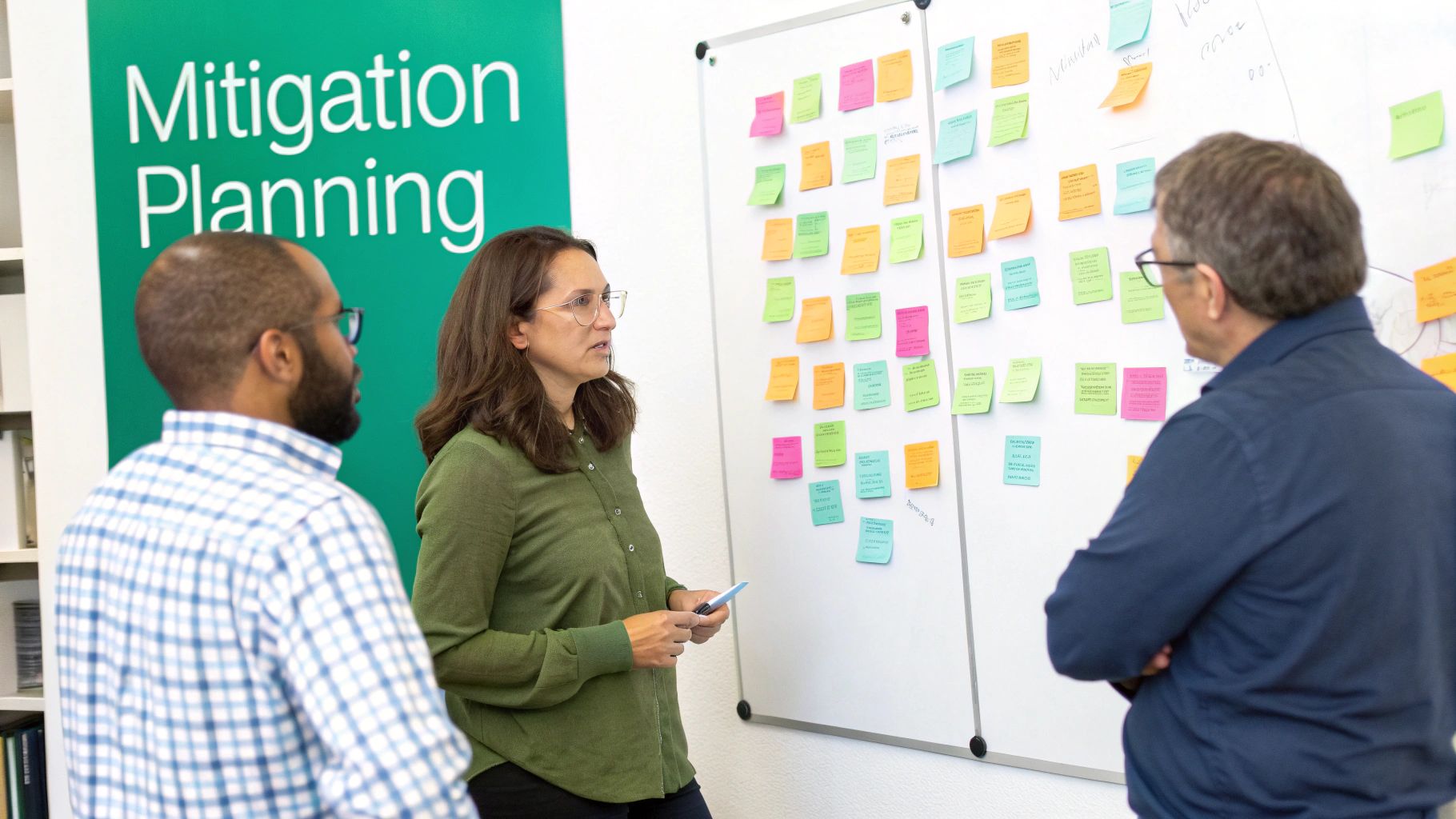 A hand drawing a strategic action plan on a whiteboard, focusing on mitigating identified cybersecurity risks.