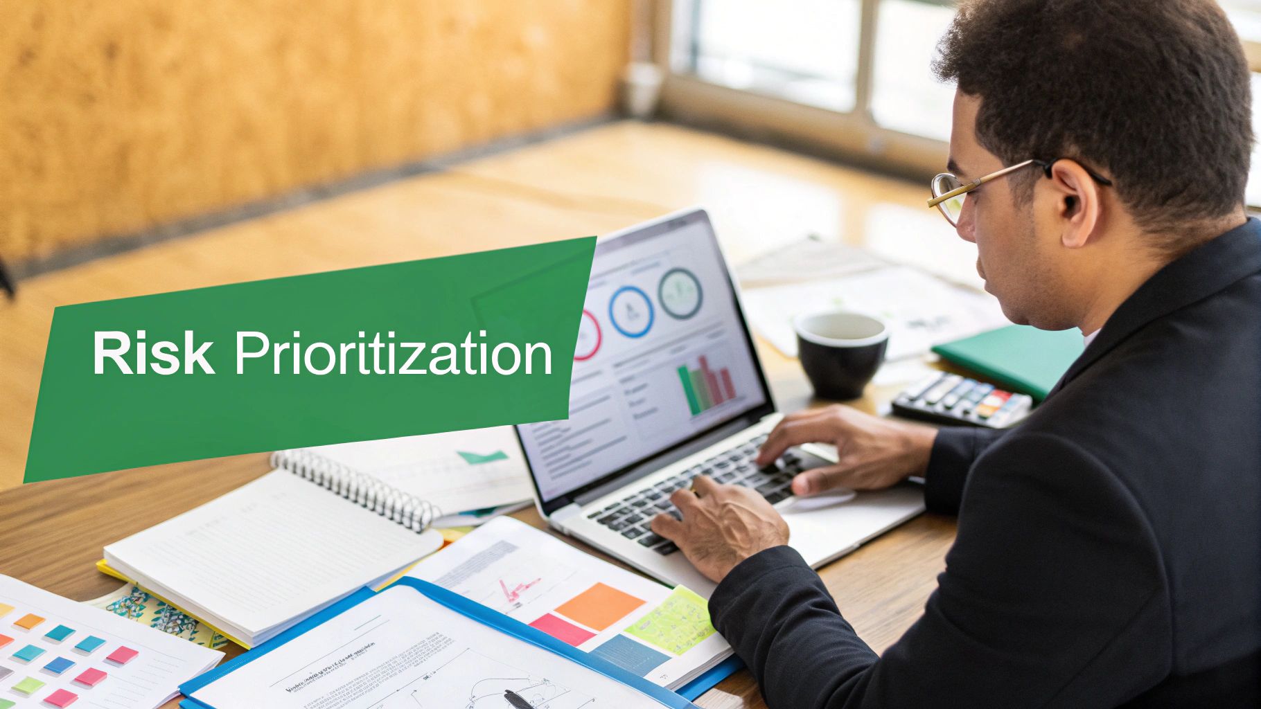 A team of professionals collaborating around a table, reviewing documents and data on a laptop, conducting a risk assessment.