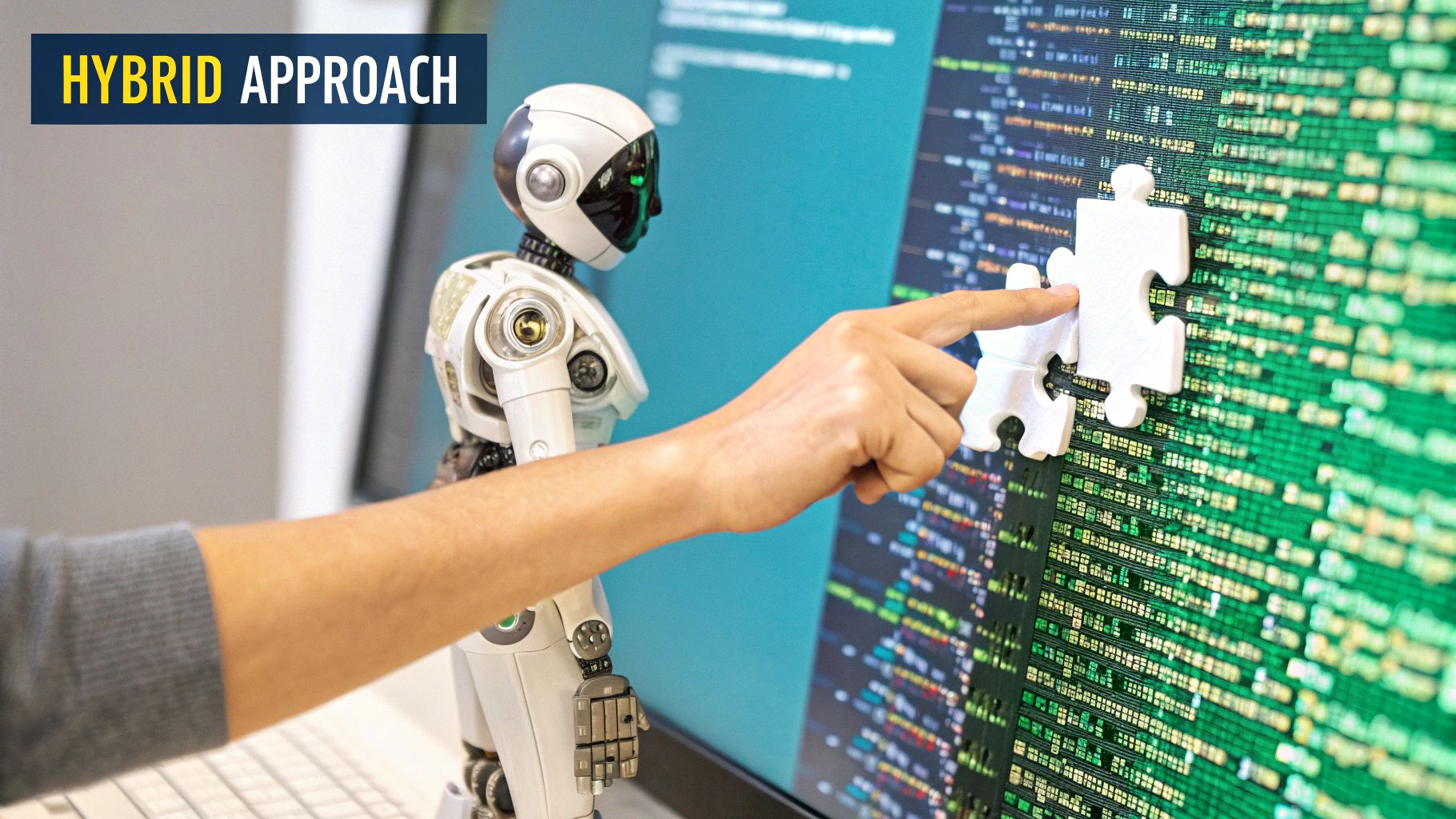 A split image showing a robot on one side and a human analyst on the other, symbolizing the hybrid approach to penetration testing.