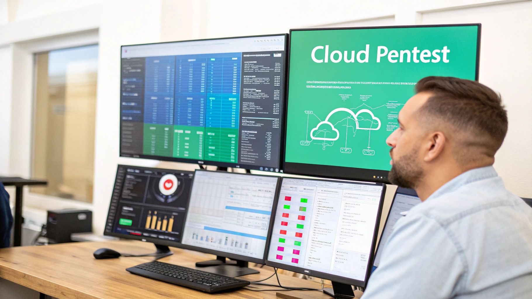 A graphic illustrating cloud security with icons representing servers, databases, and a shield.