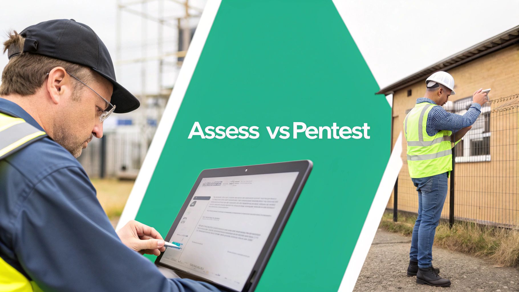 An illustration of two magnifying glasses, one over a checklist (representing vulnerability assessment) and the other over a lock being picked (representing penetration testing).