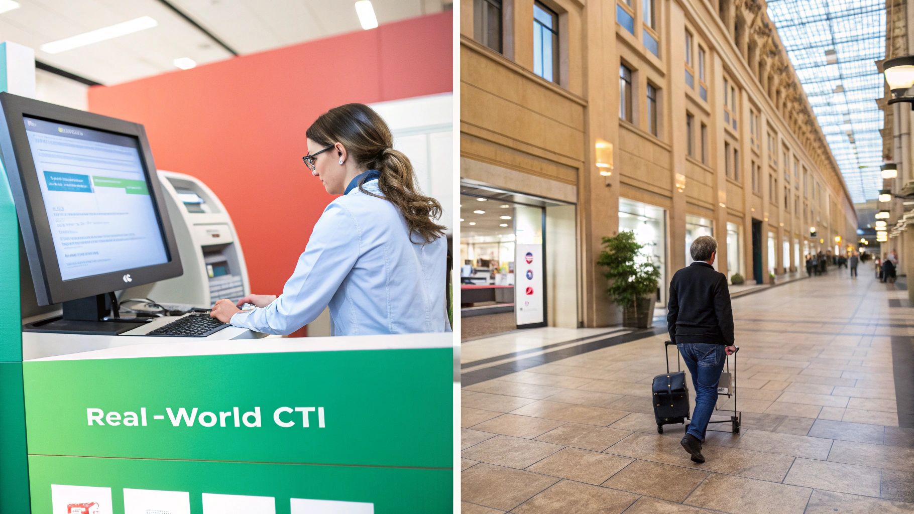 A security analyst pointing at a screen with data visualizations, collaborating with a colleague in a modern office.