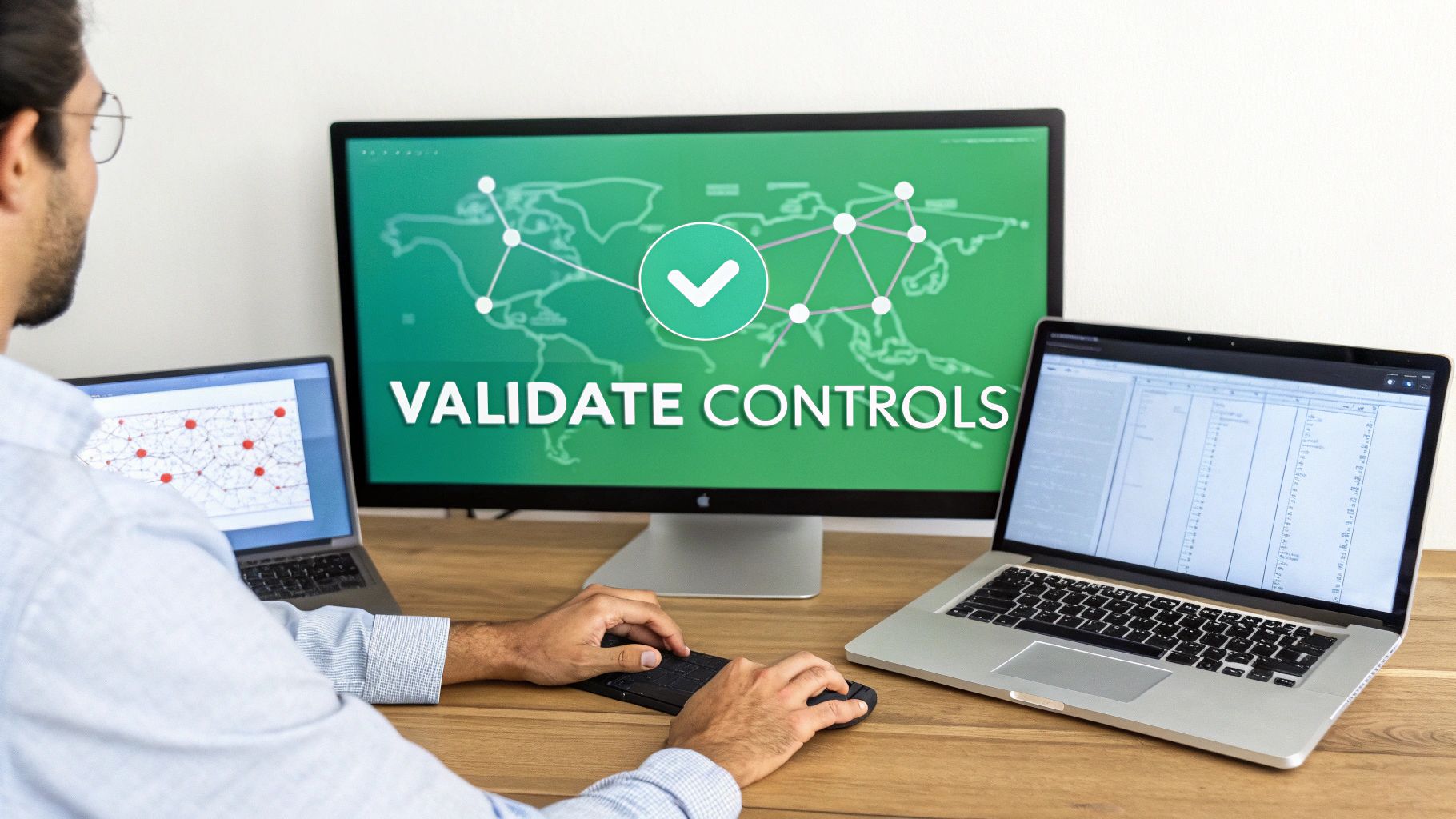 A cybersecurity expert analyzes data on multiple screens, symbolizing the process of validating security controls through penetration testing.