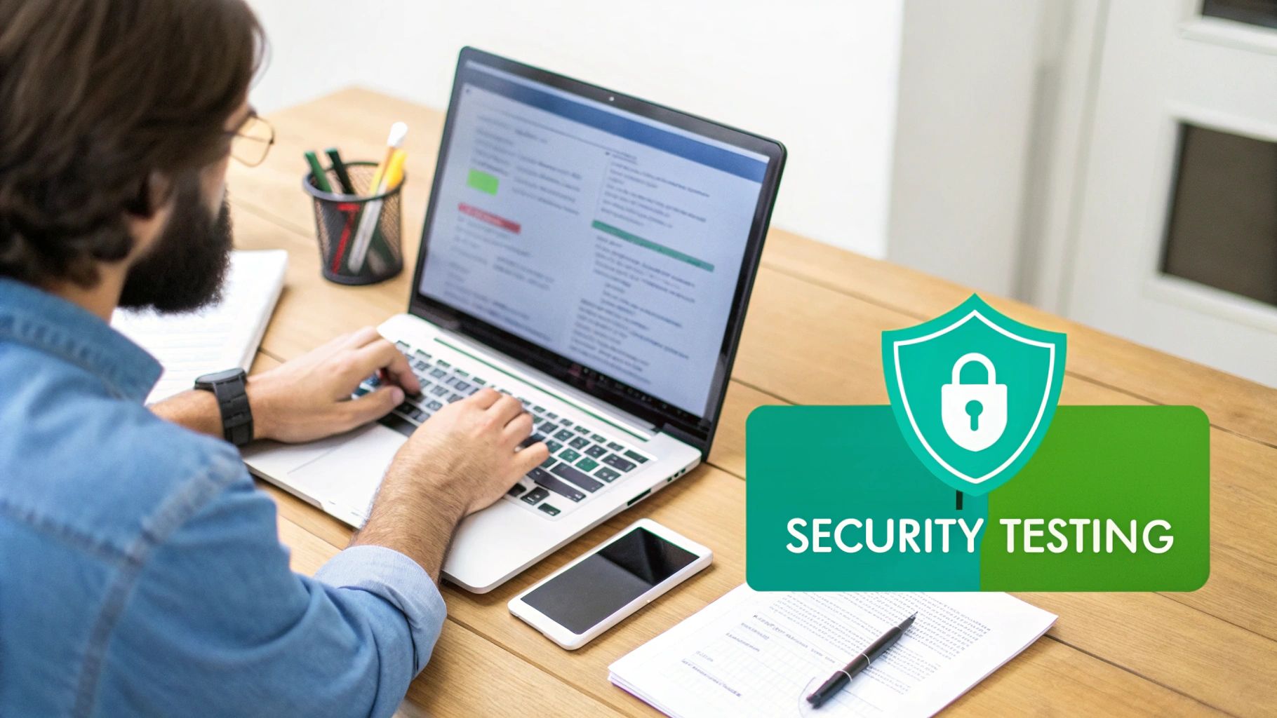 A security professional analyzing data on multiple computer screens, representing penetration testing.